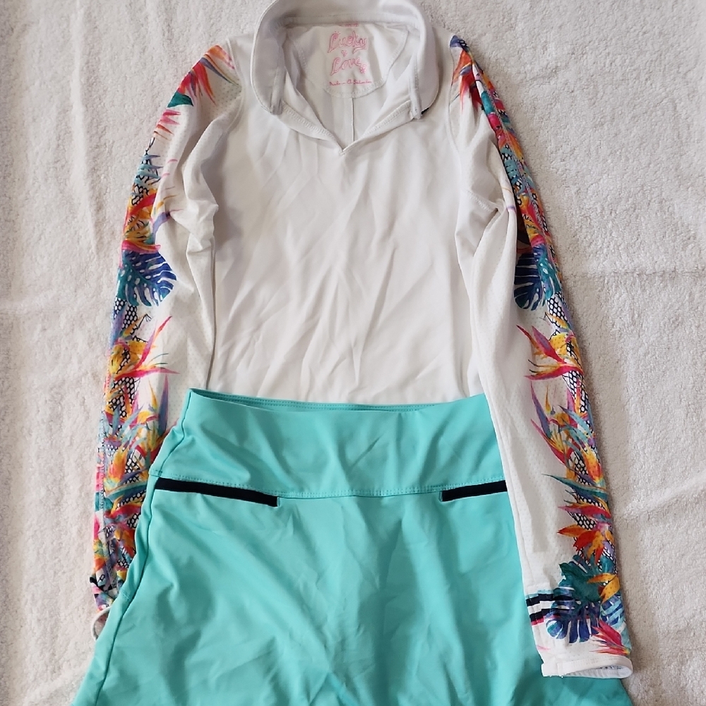 Lucky In Love Girls Tropical Top & Aqua Skort Size 10-12 Preowned